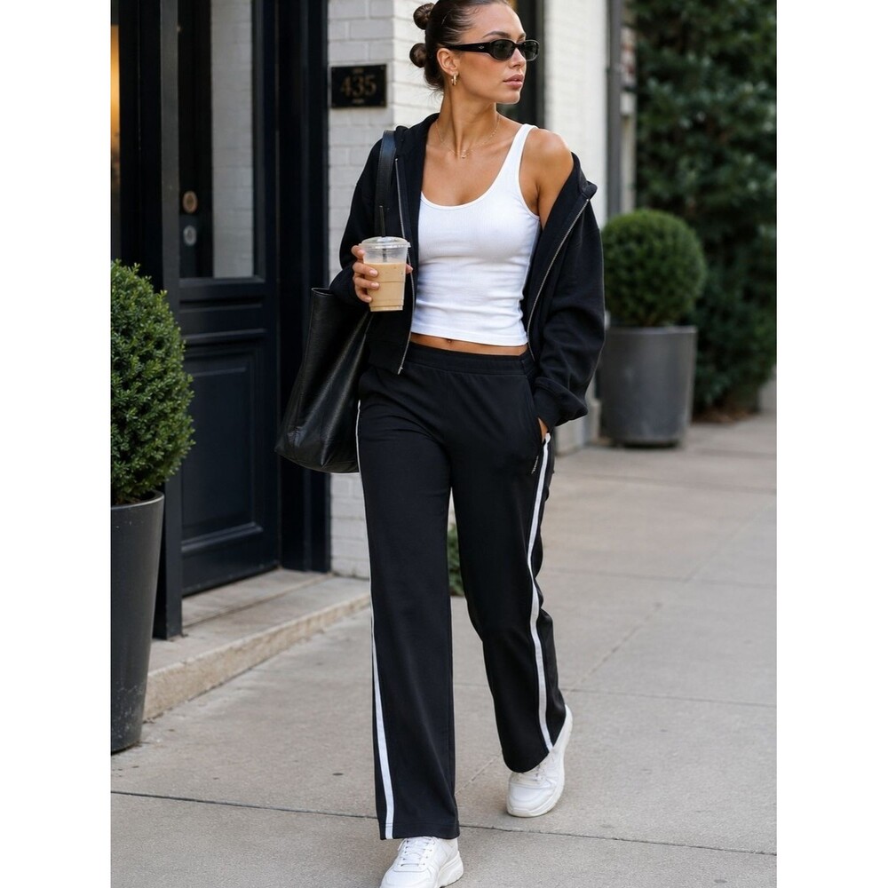 Athletic Pants XL Black White Side Stripe Zip Pockets Fully Lined Stretch Athlei